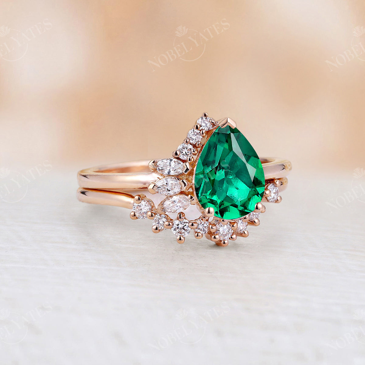 Cluster Side Stone Lab Emerald Engagement Ring Set Pear Shape