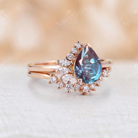 Lab Alexandrite Engagement Ring Set Cluster Curved Rose Gold Band
