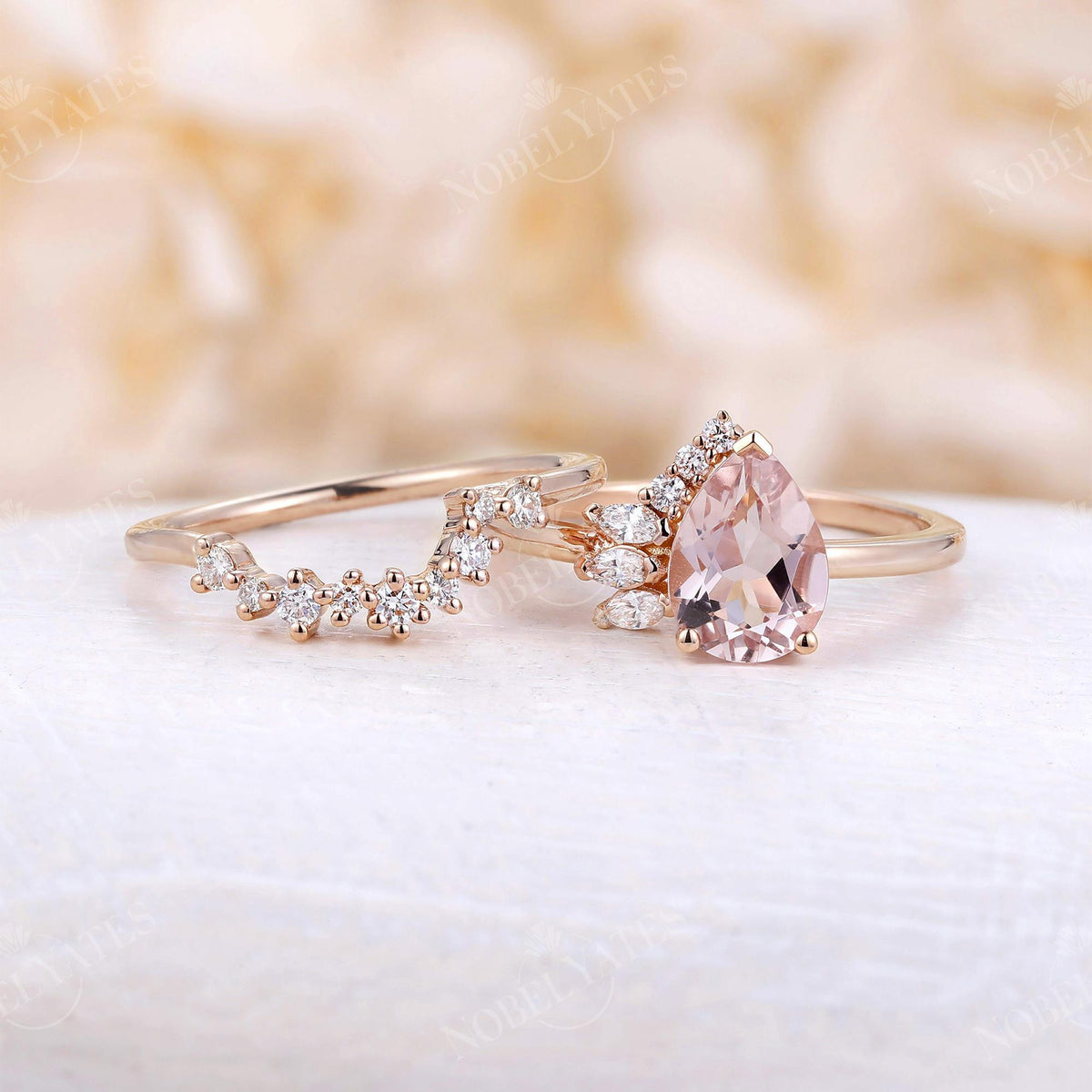 Pear Morganite Cluster Diamond Bridal set Rose Gold