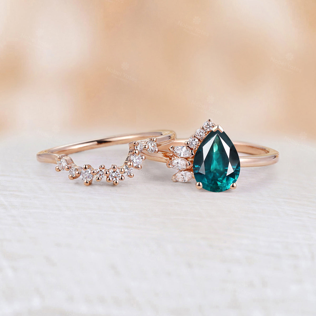 Pear Teal Sapphire Half Halo Engagement Ring Set Rose Gold