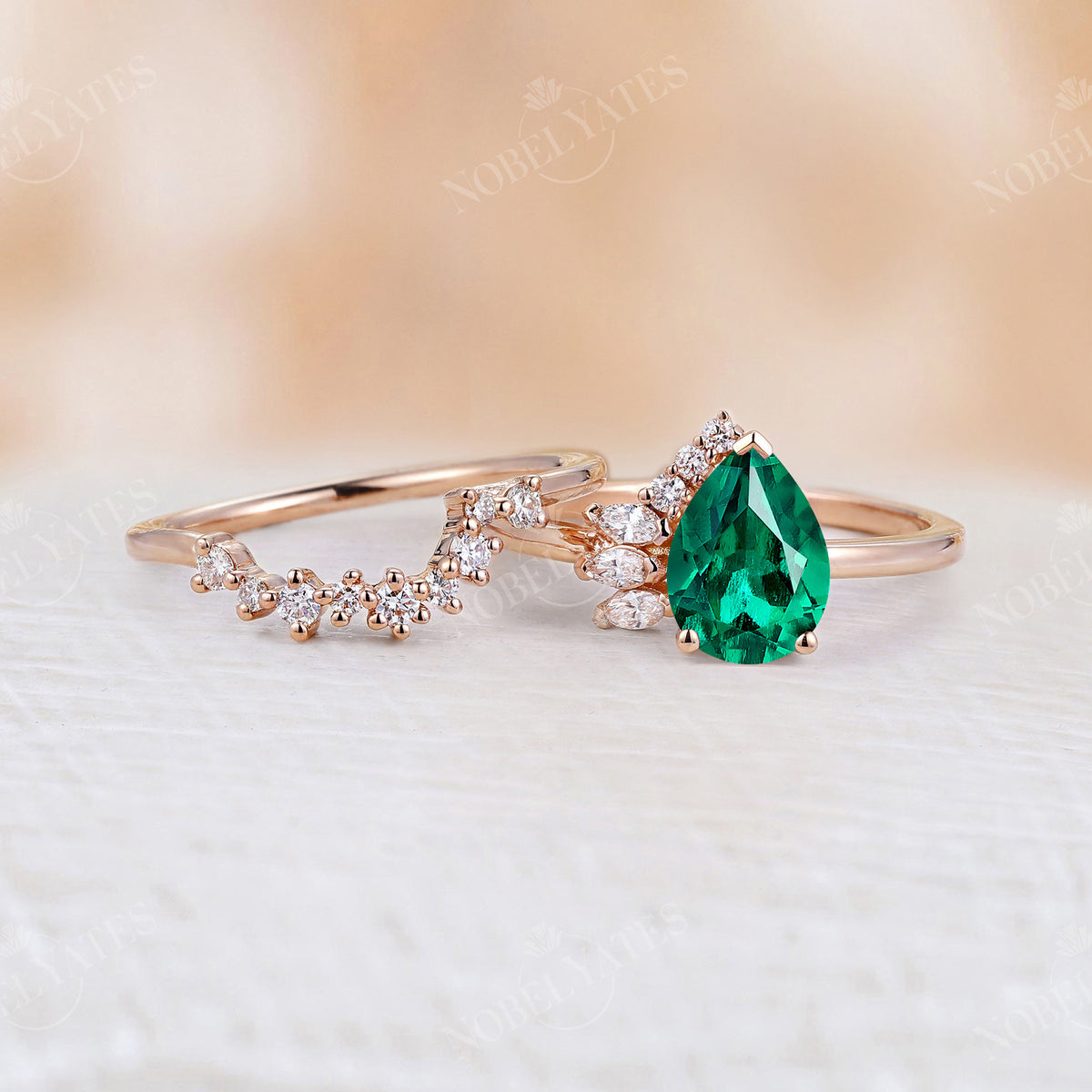 Cluster Side Stone Lab Emerald Engagement Ring Set Pear Shape