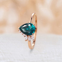 Pear Teal Sapphire Half Halo Engagement Ring Set Rose Gold