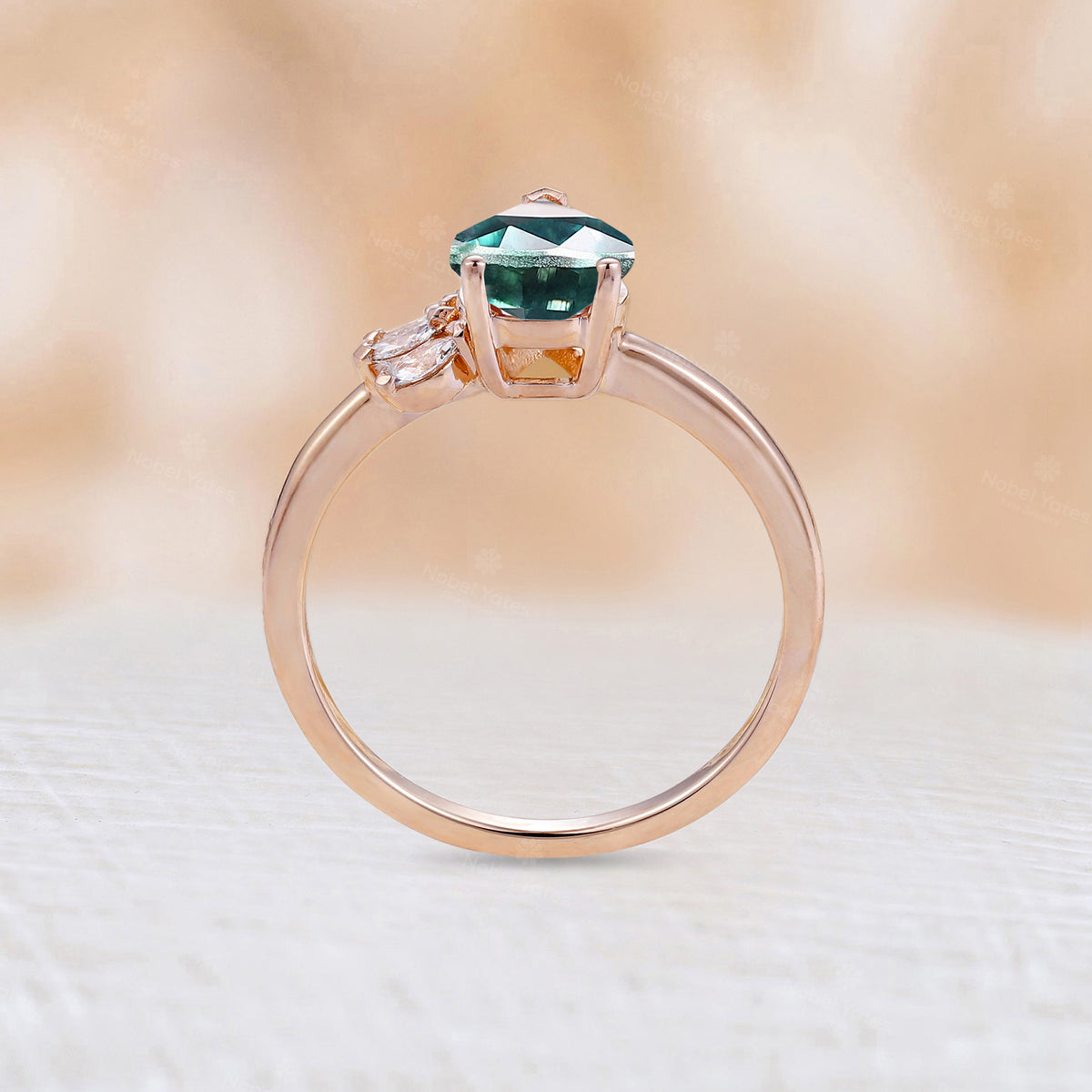 Pear Teal Sapphire Half Halo Engagement Ring Set Rose Gold