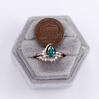 Pear Teal Sapphire Half Halo Engagement Ring Set Rose Gold