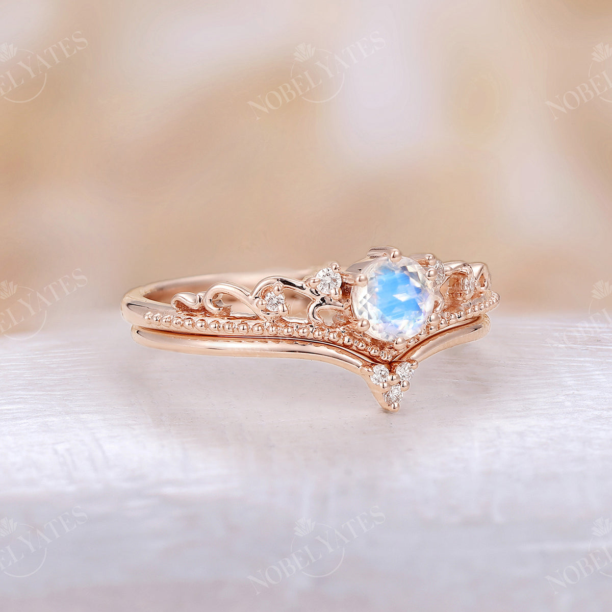 Vintage Round Moonstone Milgrain Engagement Ring Set Rose Gold