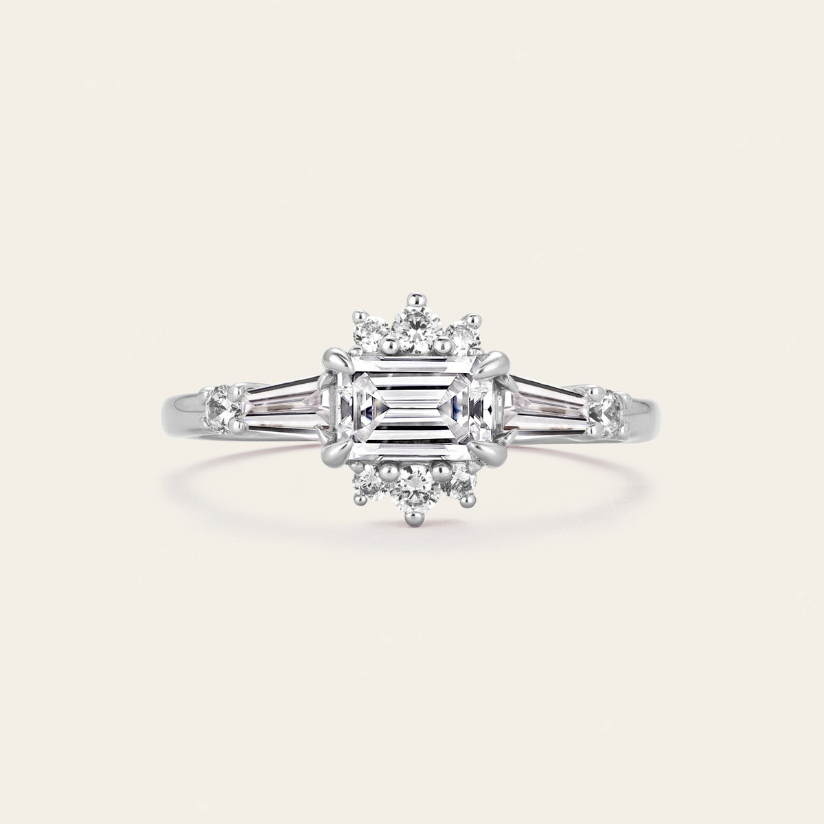 Art Deco Emerald Cut Lab Grown Diamond Cluster Engagement Ring