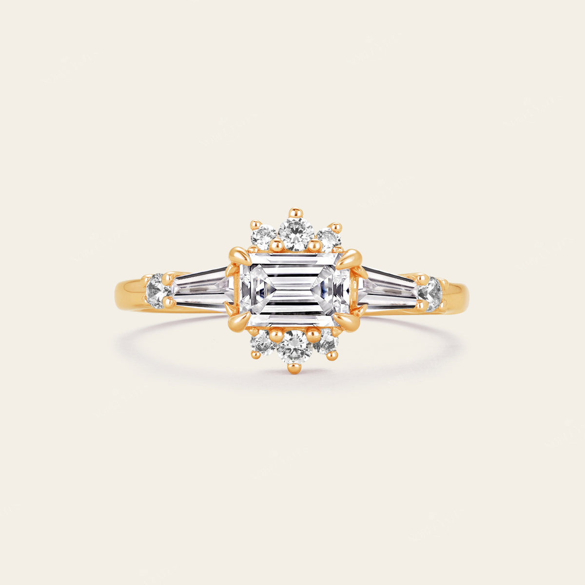 Art Deco Emerald Cut Lab Grown Diamond Cluster Engagement Ring