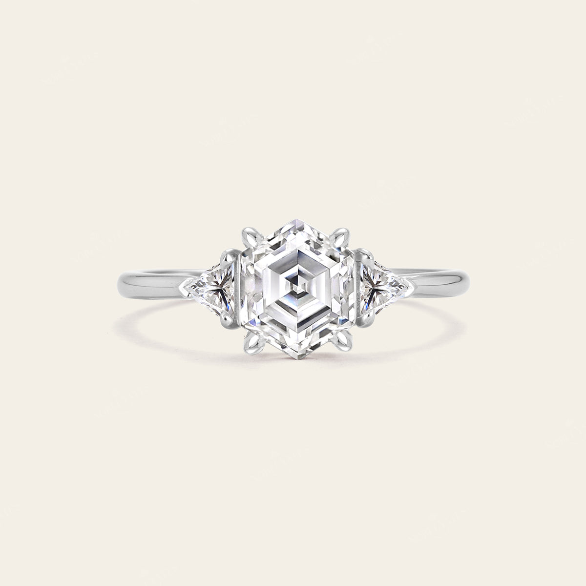 Art Deco Hexagon & Triangle Moissanite Three Stone Engagement Ring