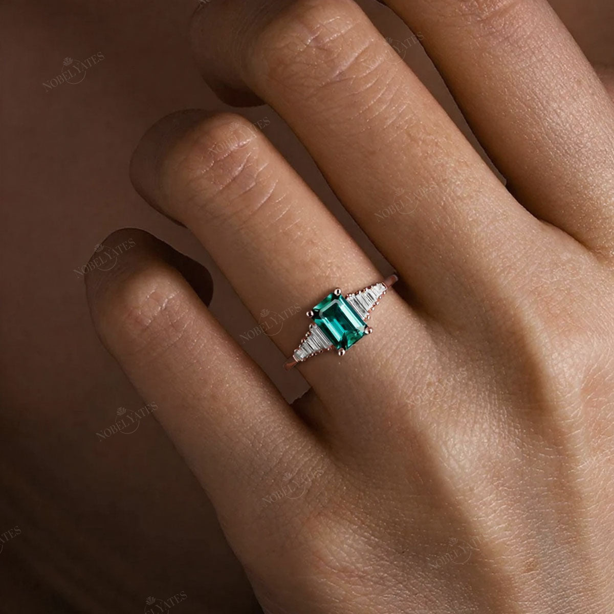 Art Deco Lab Green Emerald Engagement Ring with Baguette Natural Diamond