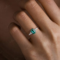 Art Deco Lab Green Emerald Engagement Ring with Baguette Natural Diamond