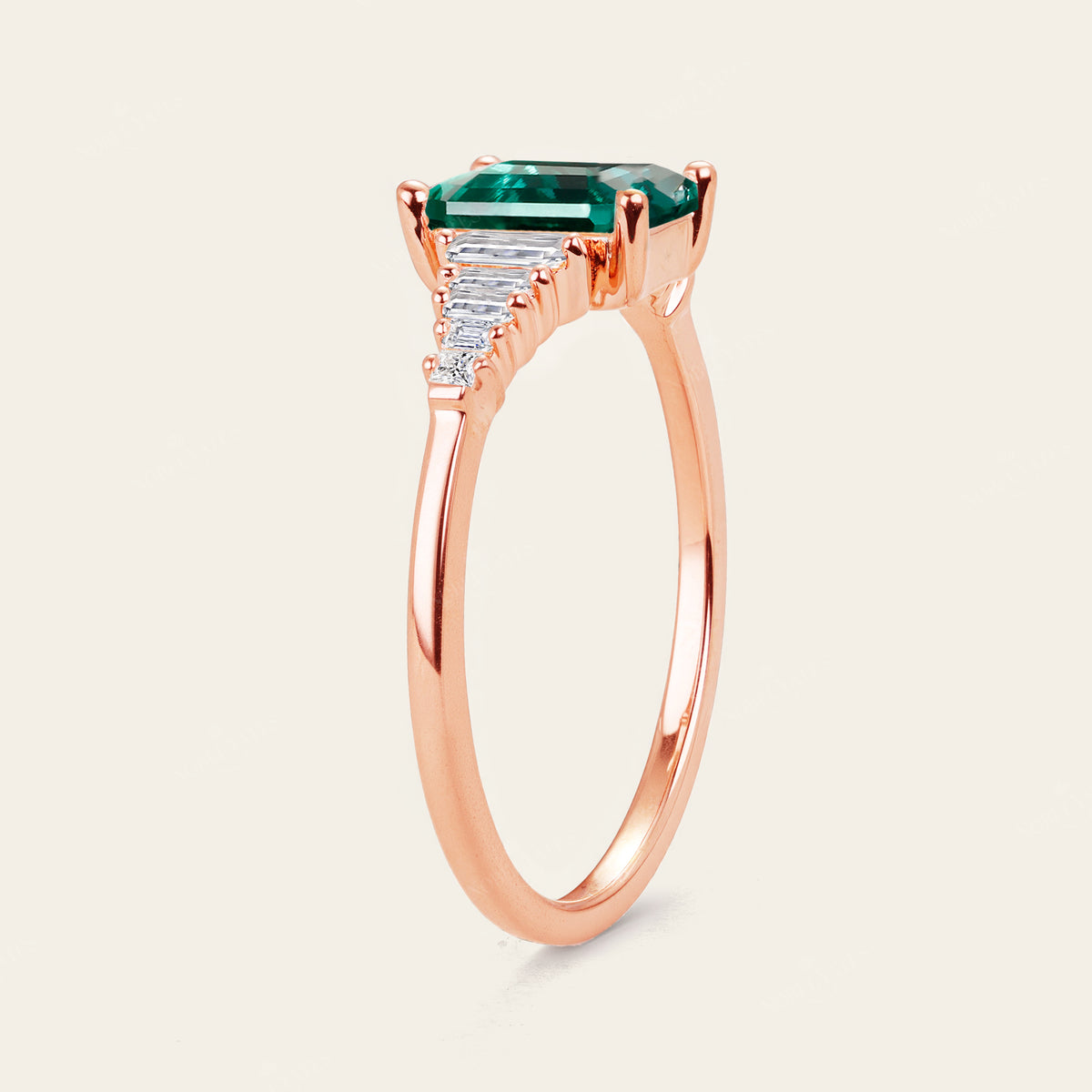 Art Deco Lab Green Emerald Engagement Ring with Baguette Natural Diamond