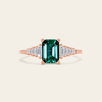 Art Deco Lab Green Emerald Engagement Ring with Baguette Natural Diamond