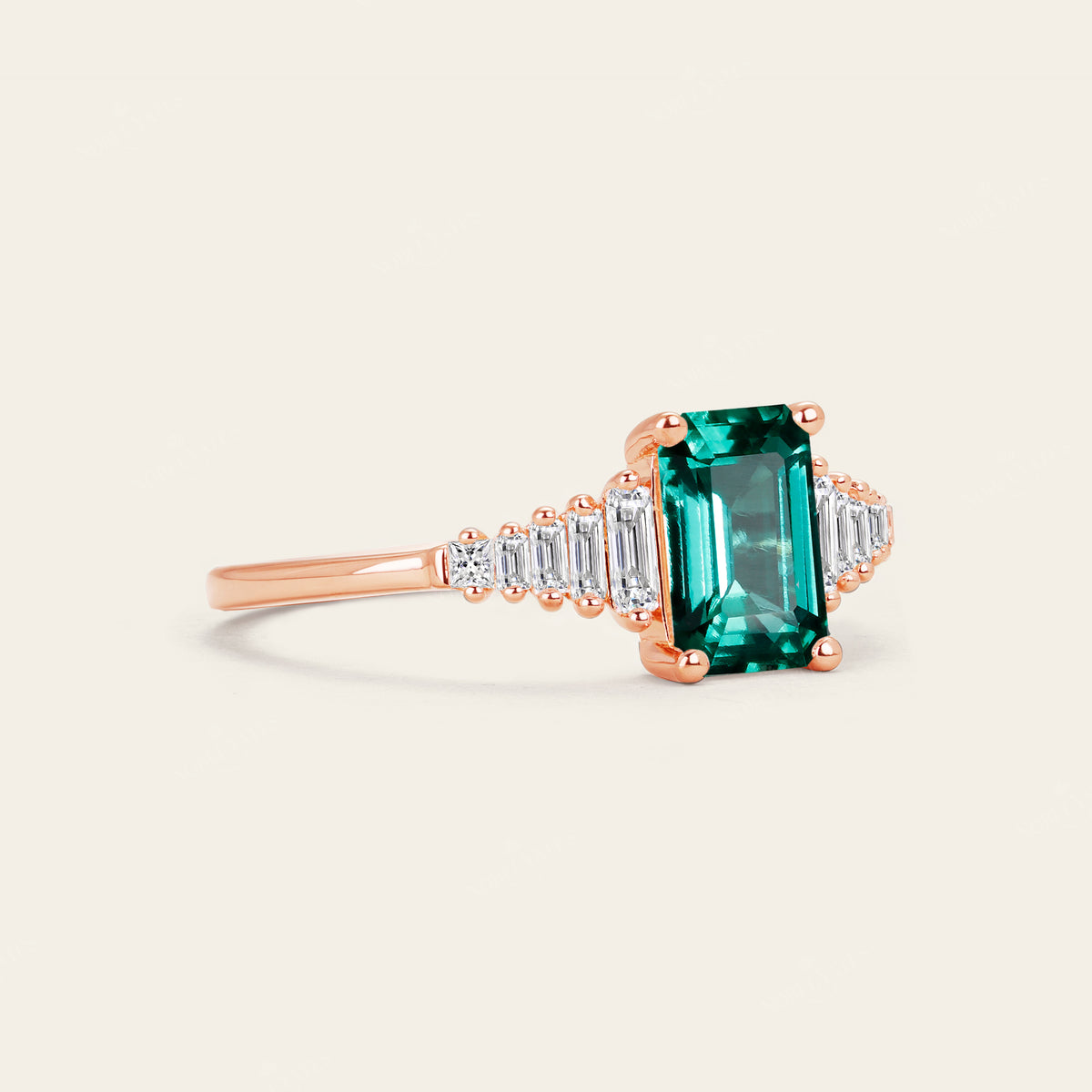 Art Deco Lab Green Emerald Engagement Ring with Baguette Natural Diamond