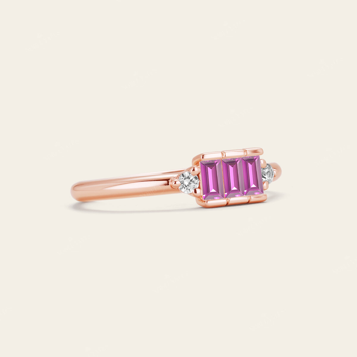 Art Deco Lab Pink Sapphire Baguette Cluster Engagement Ring