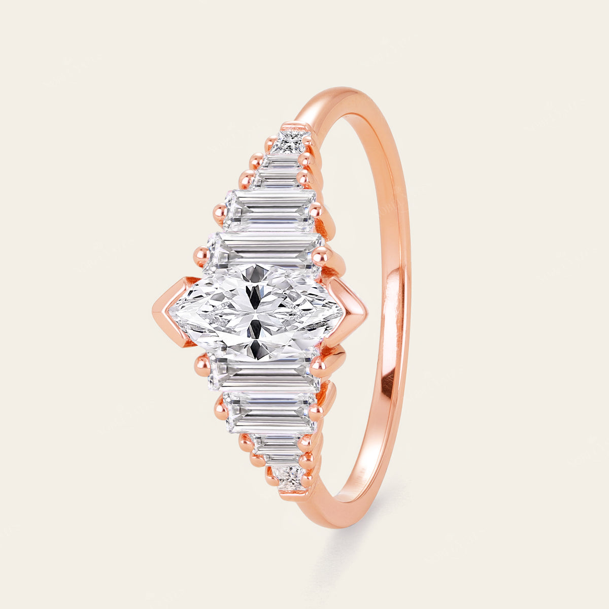 Art Deco Marquise & Baguette Lab Grown Diamond Engagement Ring