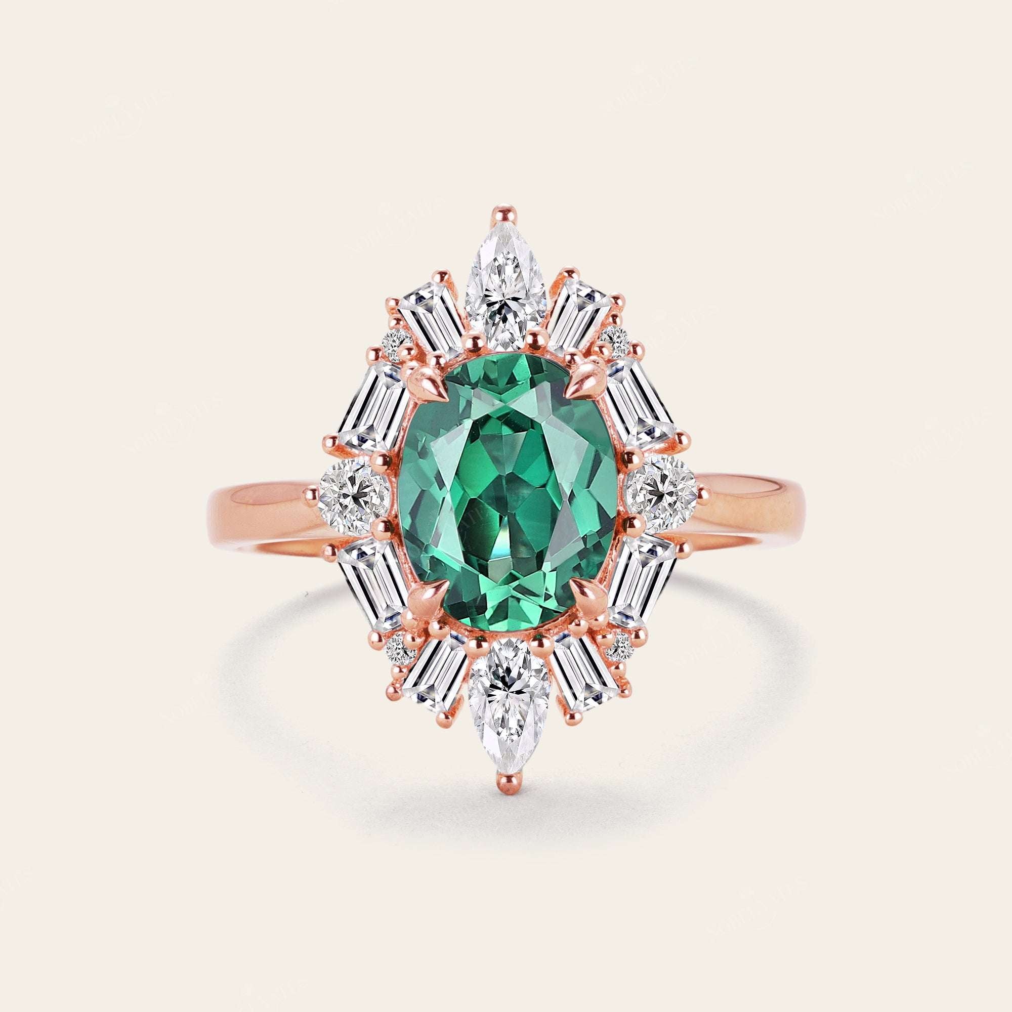 Art Deco Oval Lab Green Sapphire Halo Engagement Ring with Lab