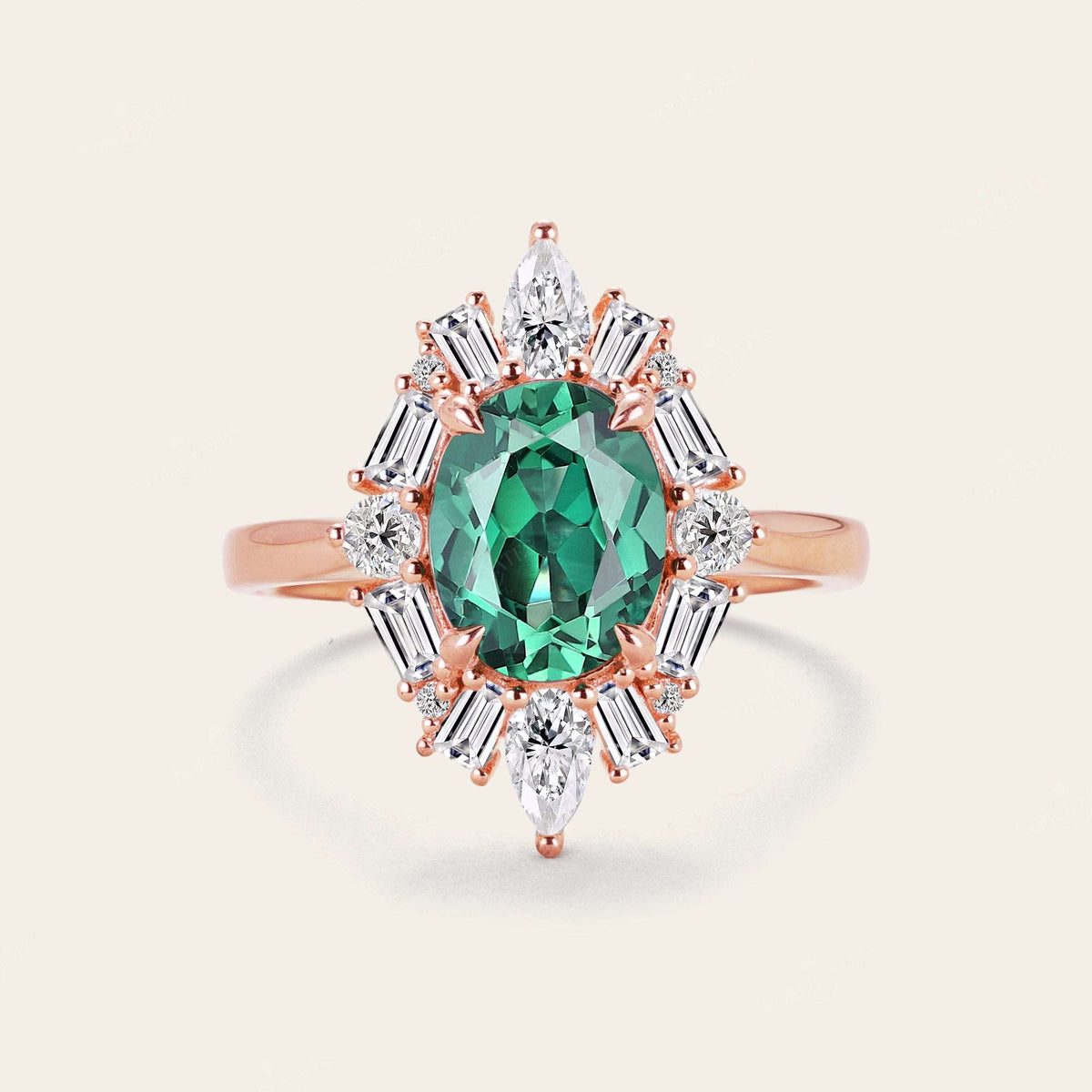 Art Deco Oval Lab Green Sapphire Halo Engagement Ring with Lab Grown Diamond-Nobel Yates
