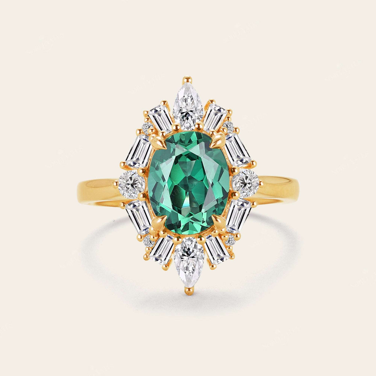 Art Deco Oval Lab Green Sapphire Halo Engagement Ring with Lab Grown Diamond-Nobel Yates