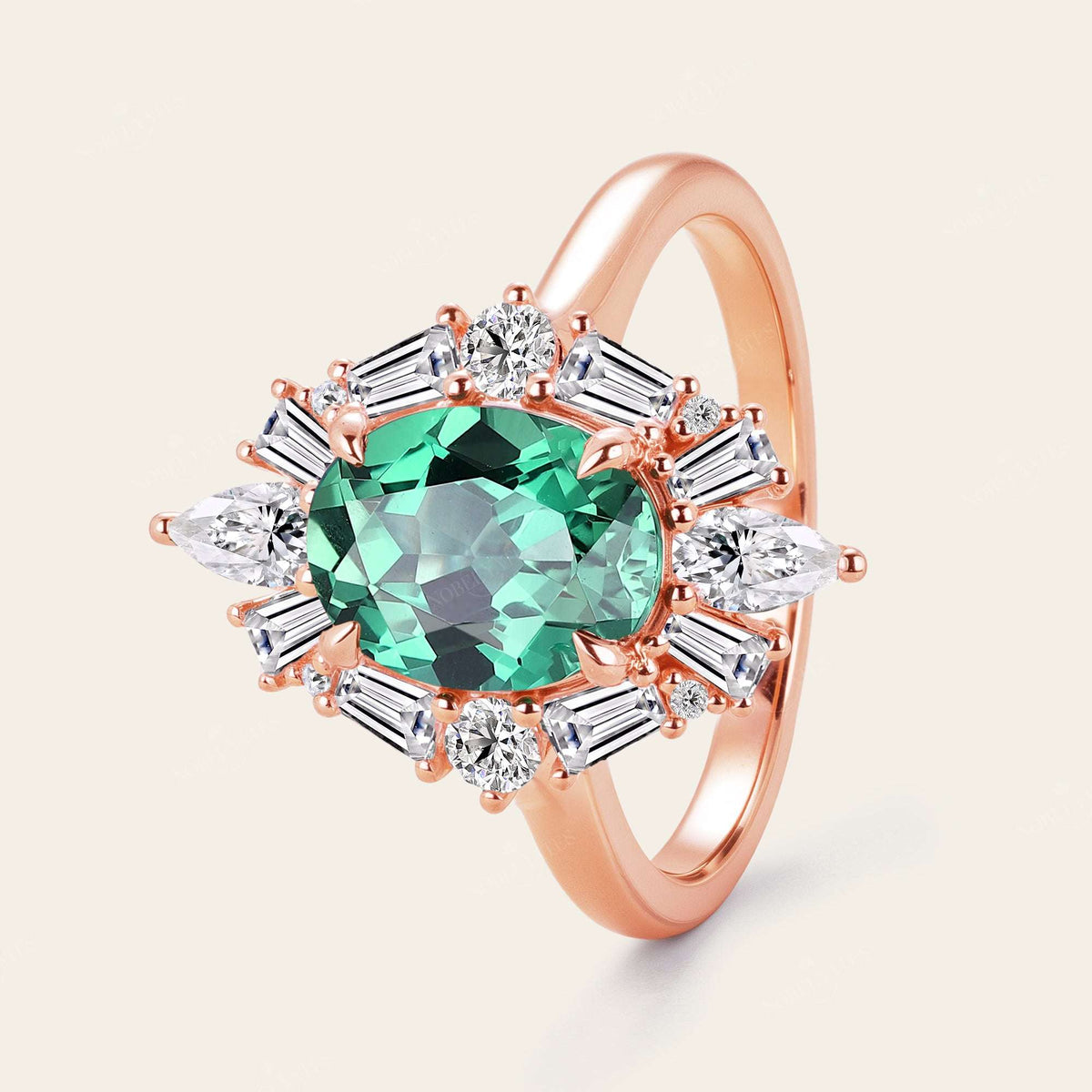 Art Deco Oval Lab Green Sapphire Halo Engagement Ring with Lab Grown Diamond-Nobel Yates