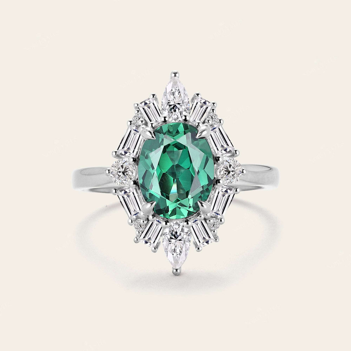 Art Deco Oval Lab Green Sapphire Halo Engagement Ring with Lab Grown Diamond-Nobel Yates