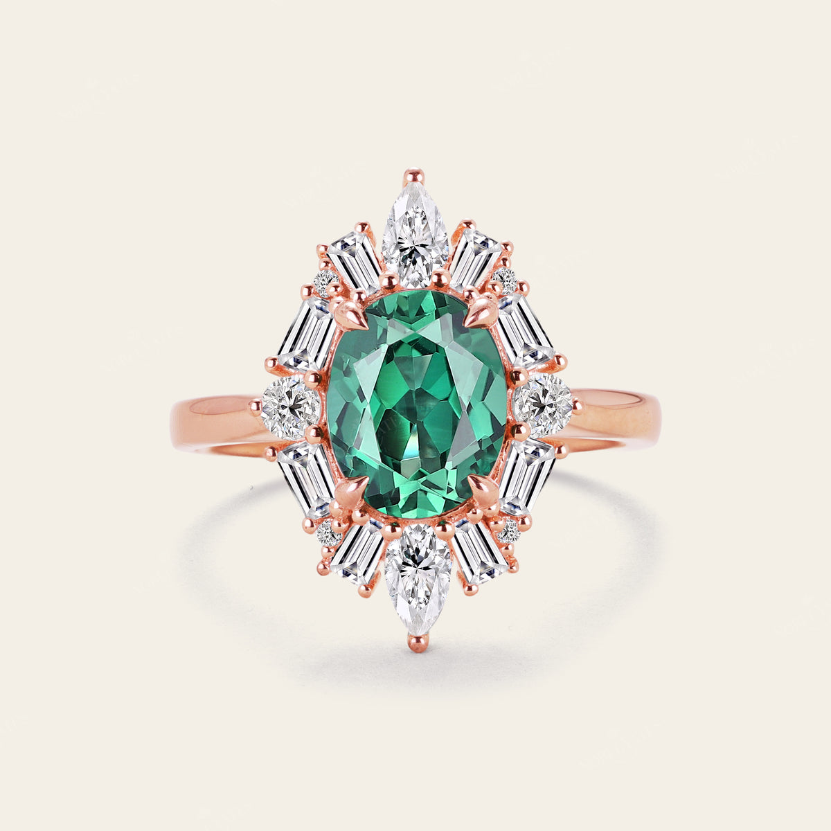 Art Deco Oval Lab Green Sapphire Halo Engagement Ring with Lab Grown Diamond