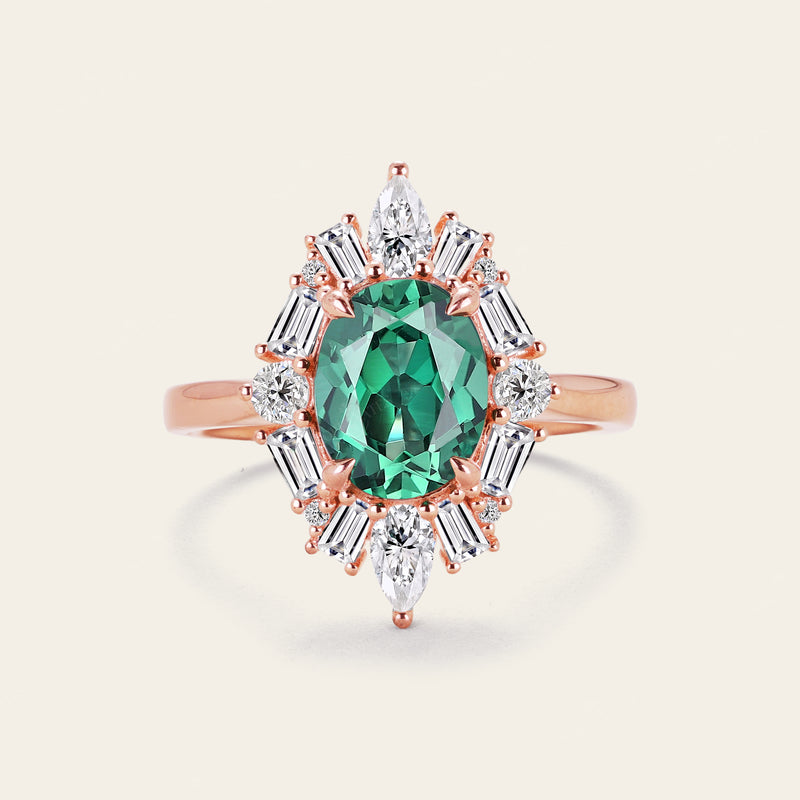 Art Deco Oval Lab Green Sapphire Halo Engagement Ring with Lab Grown D ...