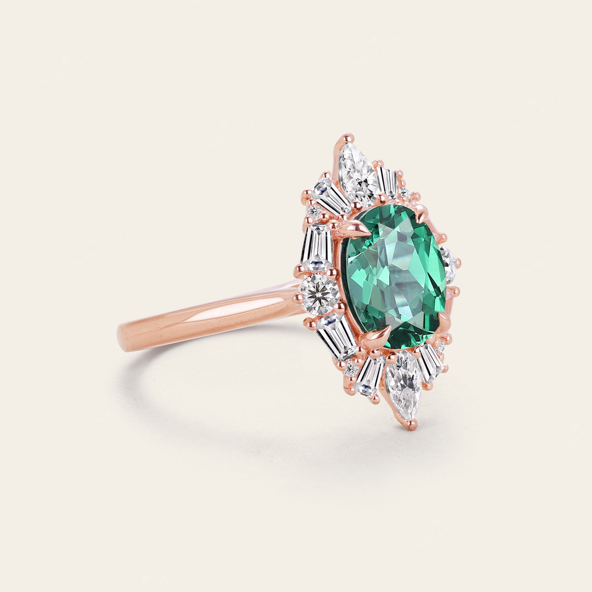 Art Deco Oval Lab Green Sapphire Halo Engagement Ring with Lab Grown Diamond