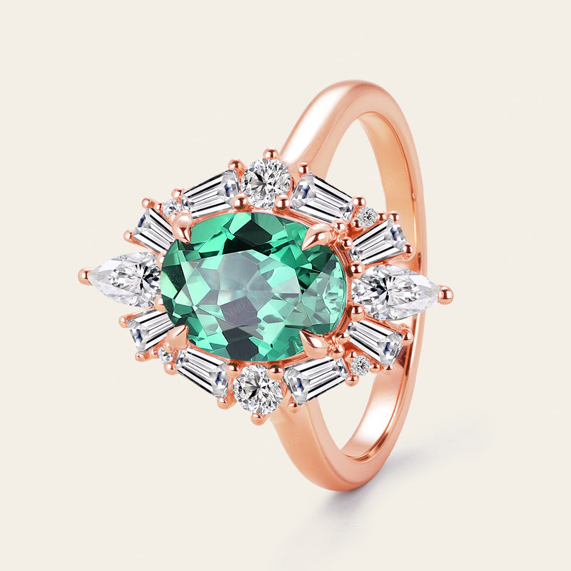 Art Deco Oval Lab Green Sapphire Halo Engagement Ring with Lab Grown D ...