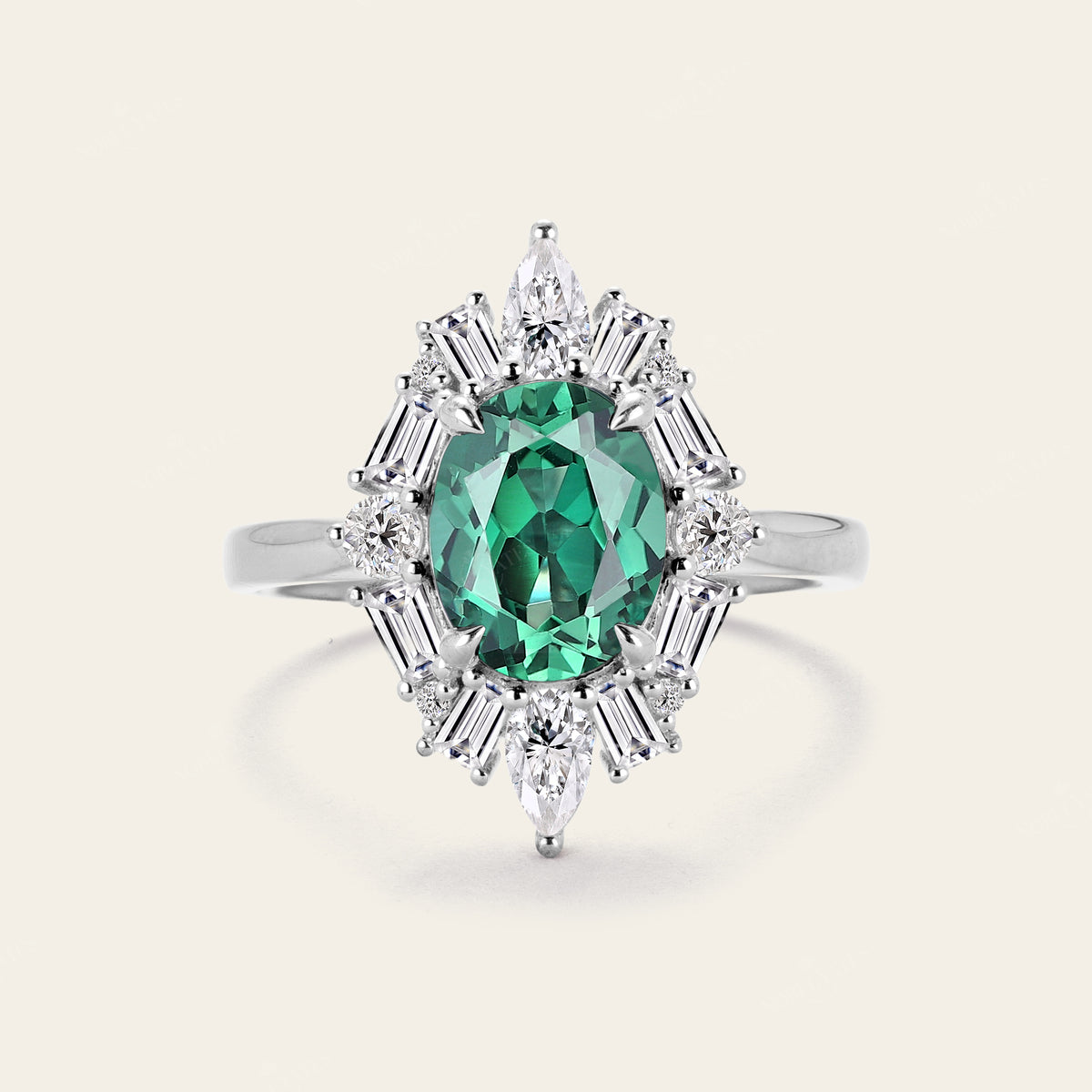 Art Deco Oval Lab Green Sapphire Halo Engagement Ring with Lab Grown Diamond