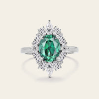 Art Deco Oval Lab Green Sapphire Halo Engagement Ring with Lab Grown Diamond