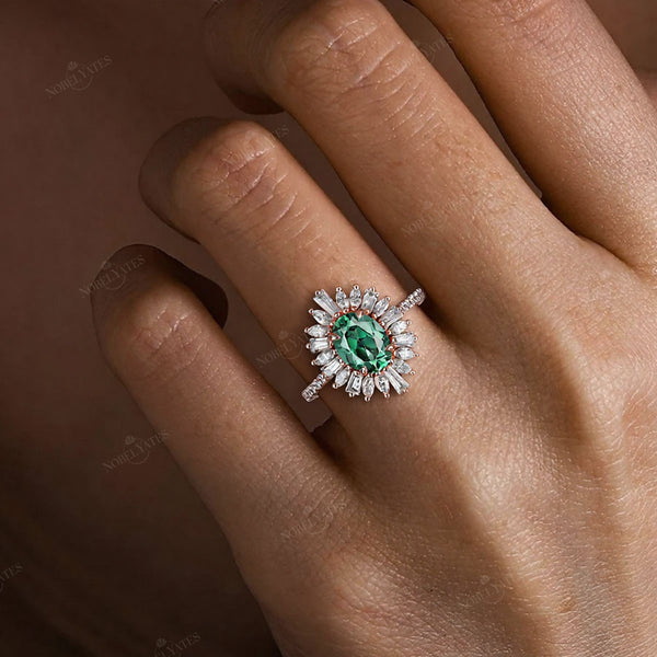 Art Deco Oval Lab Green Sapphire Starburst Engagement Ring