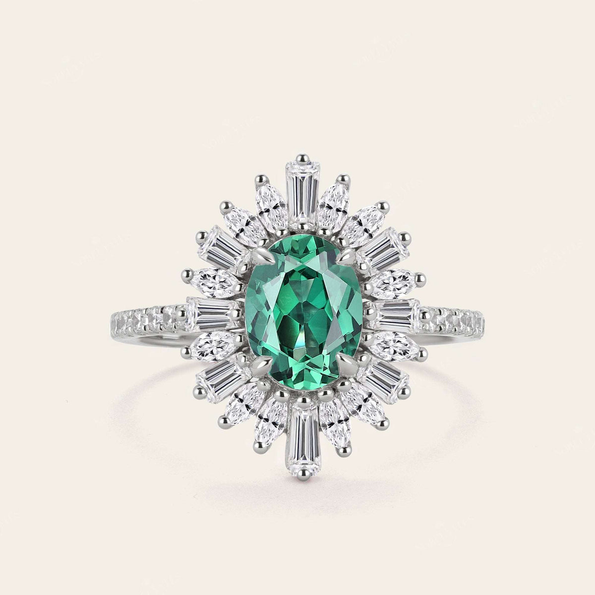 Art Deco Oval Lab Green Sapphire Starburst Engagement Ring-Nobel Yates