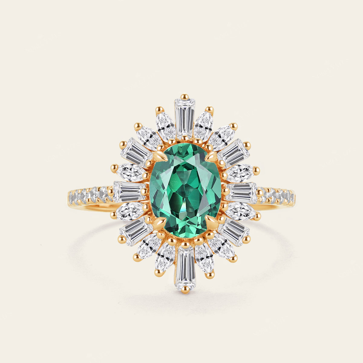 Art Deco Oval Lab Green Sapphire Starburst Engagement Ring