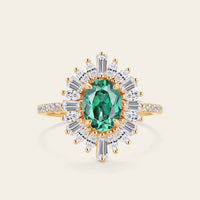 Art Deco Oval Lab Green Sapphire Starburst Engagement Ring