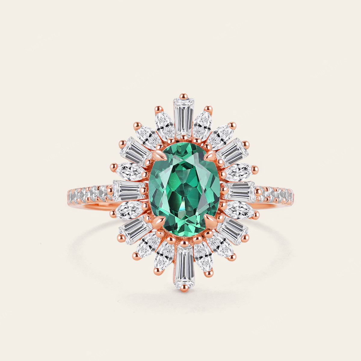 Art Deco Oval Lab Green Sapphire Starburst Engagement Ring