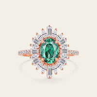 Art Deco Oval Lab Green Sapphire Starburst Engagement Ring