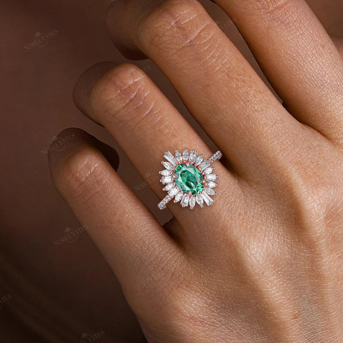 Art Deco Oval Lab Green Sapphire Starburst Engagement Ring