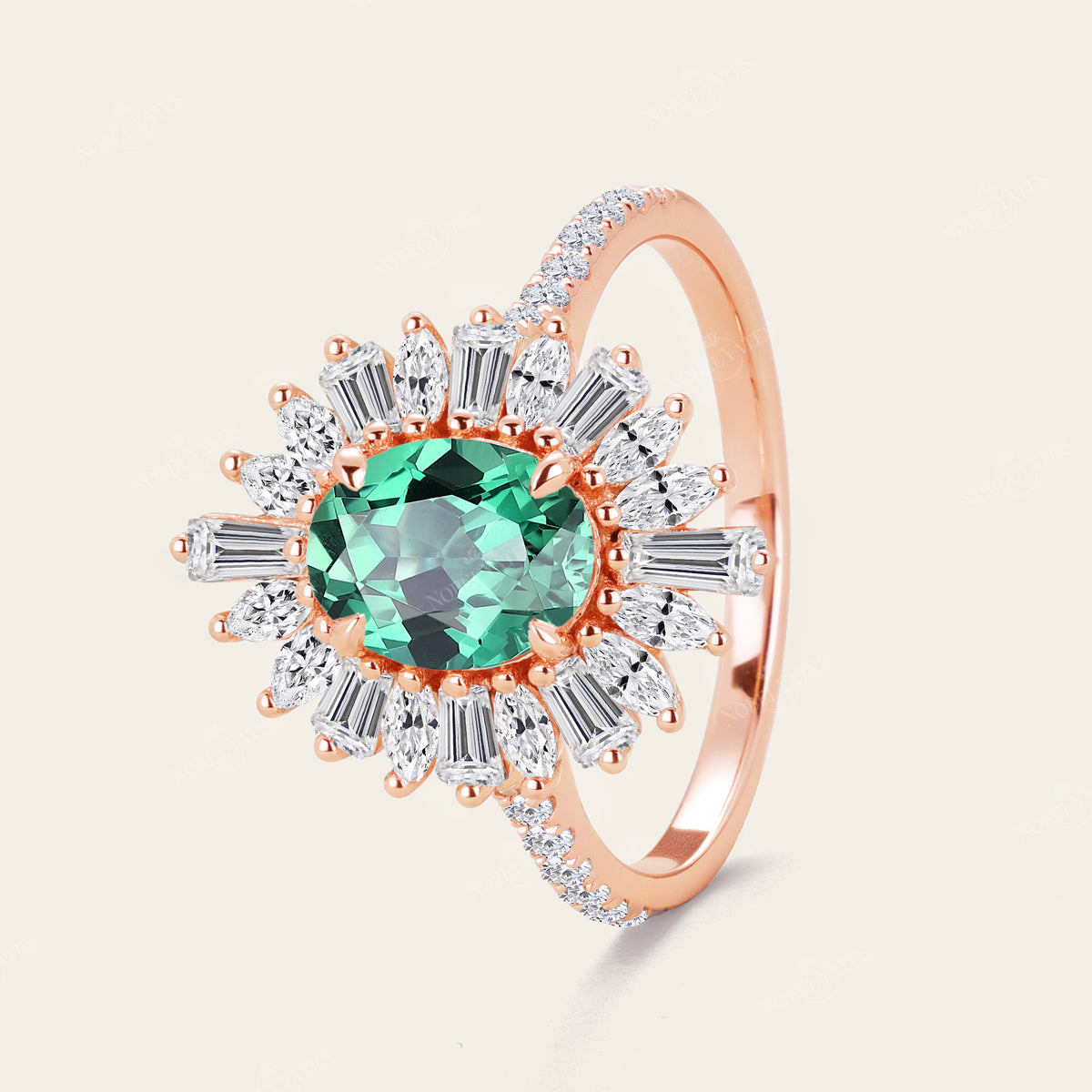 Art Deco Oval Lab Green Sapphire Starburst Engagement Ring