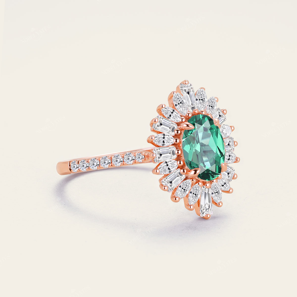 Art Deco Oval Lab Green Sapphire Starburst Engagement Ring