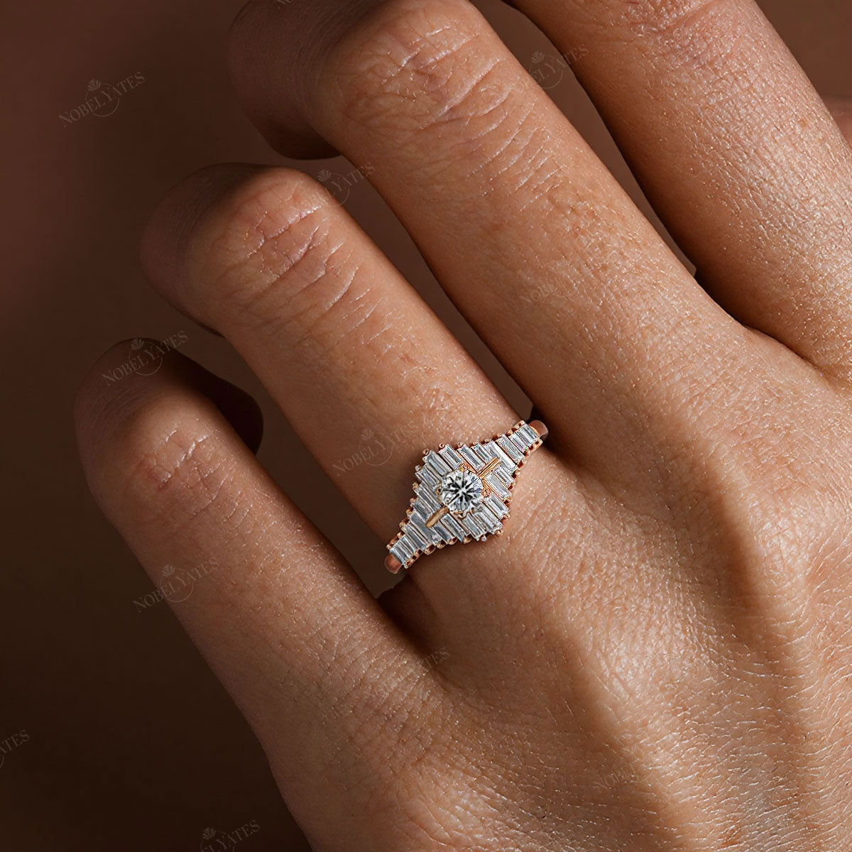 Art Deco Round & Baguette Lab Grown Diamond Engagement Ring