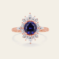 Art Deco Round Blue Lab Sapphire Halo Engagement Ring with Lab Grown Diamond