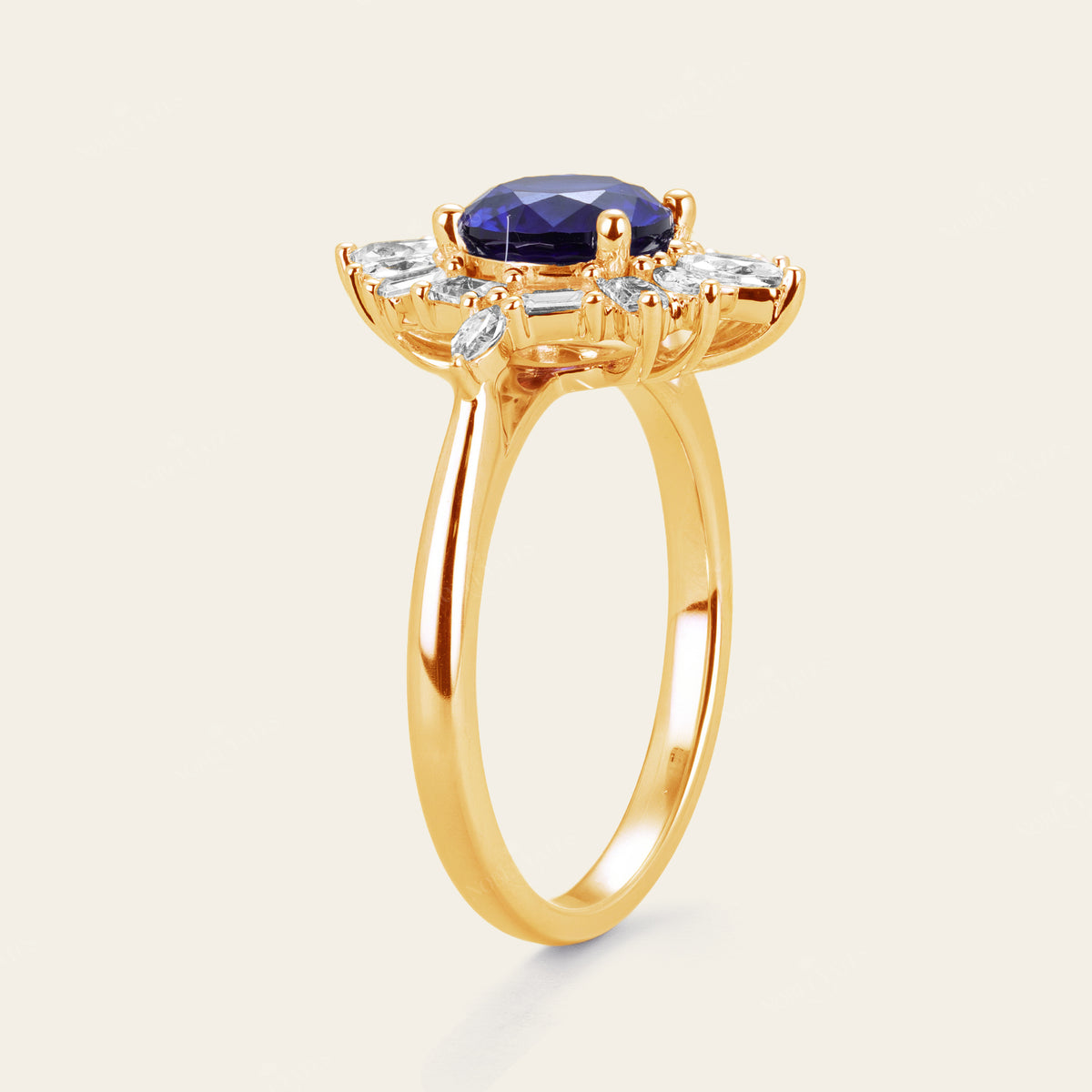 Art Deco Round Blue Lab Sapphire Halo Engagement Ring with Lab Grown Diamond