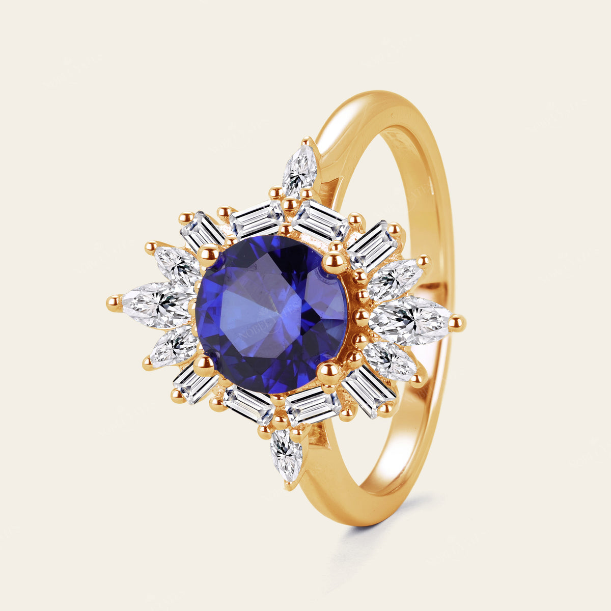 Art Deco Round Blue Lab Sapphire Halo Engagement Ring with Lab Grown Diamond