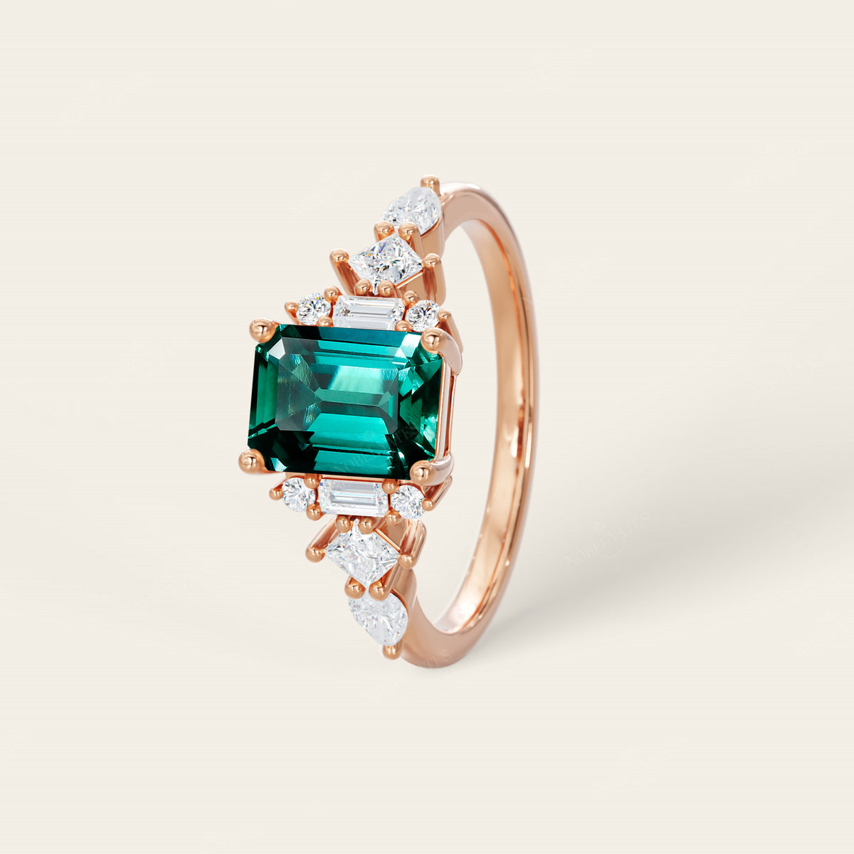 Art Deco Emerald Cut Lab Emerald Engagement Ring