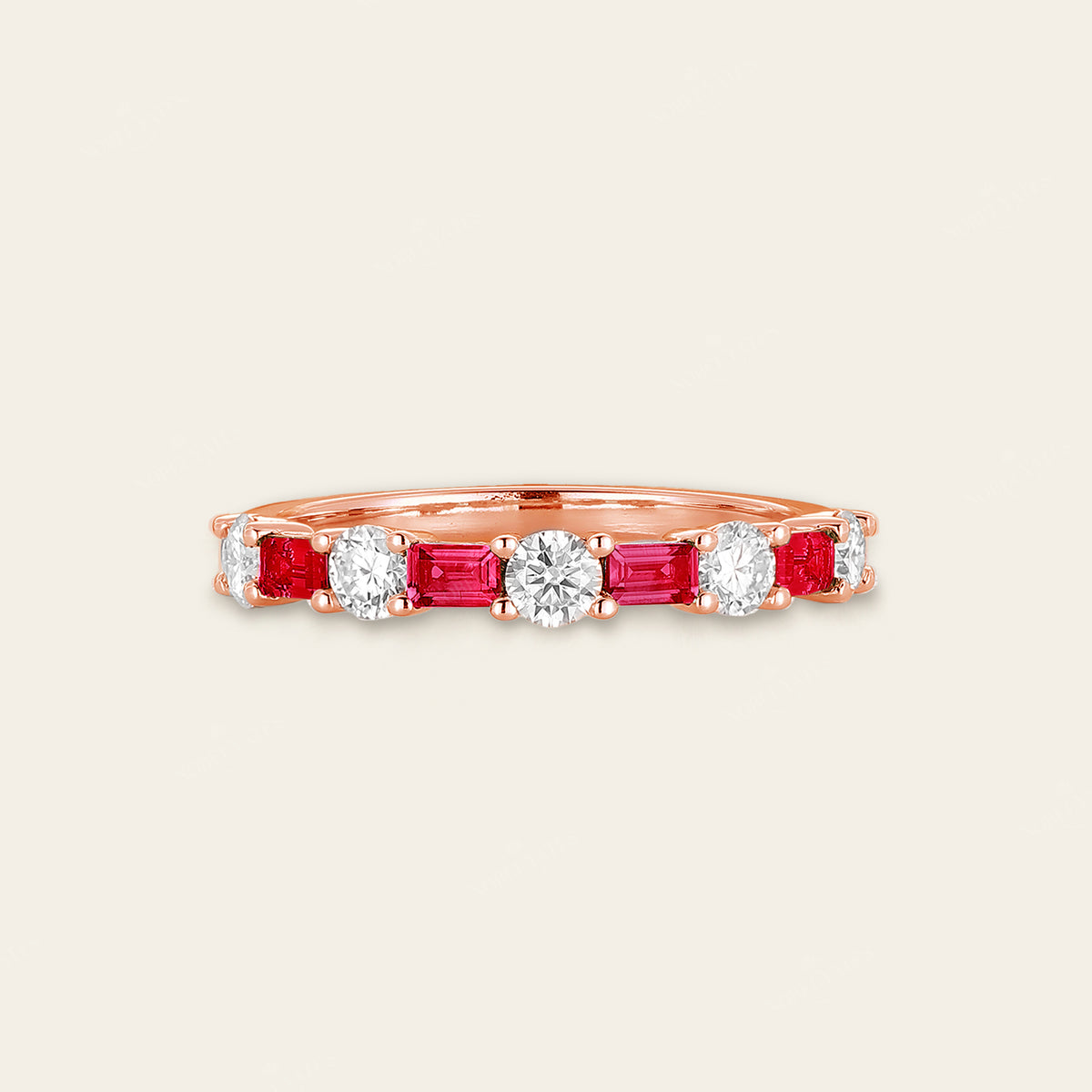 Art Deco Lab Ruby Baguette & Lab Diamond Round Wedding Band