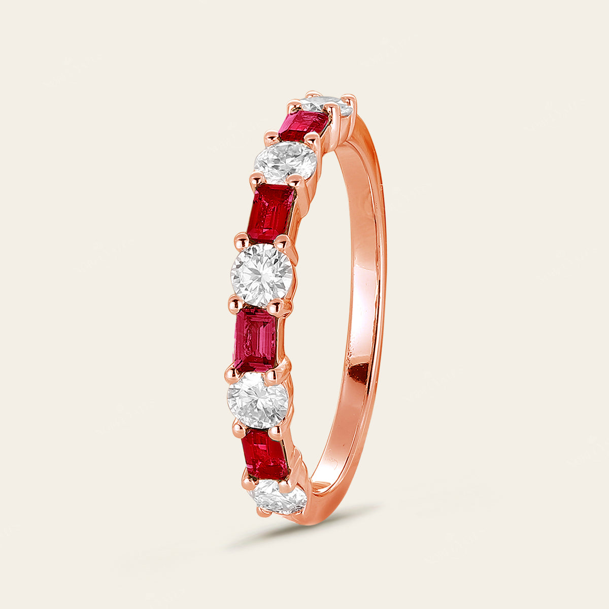 Art Deco Lab Ruby Baguette & Lab Diamond Round Wedding Band