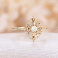Vintage Round White Opal Filigree Engagement Ring Yellow Gold