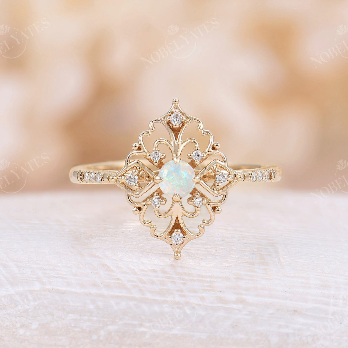 Vintage Round White Opal Filigree Engagement Ring Yellow Gold