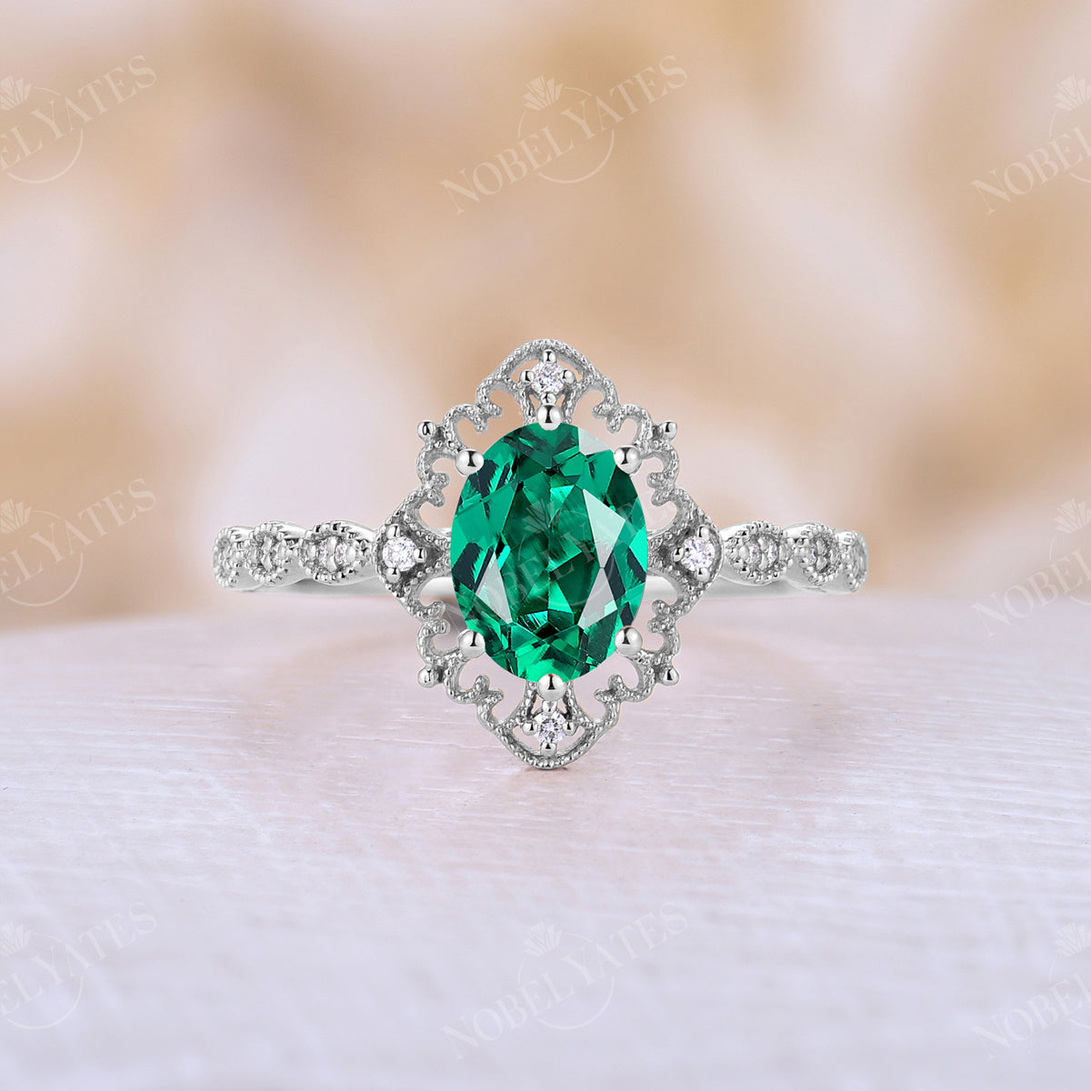 Antique Oval Shape Lab Emerald Half Eternity Engagement Ring