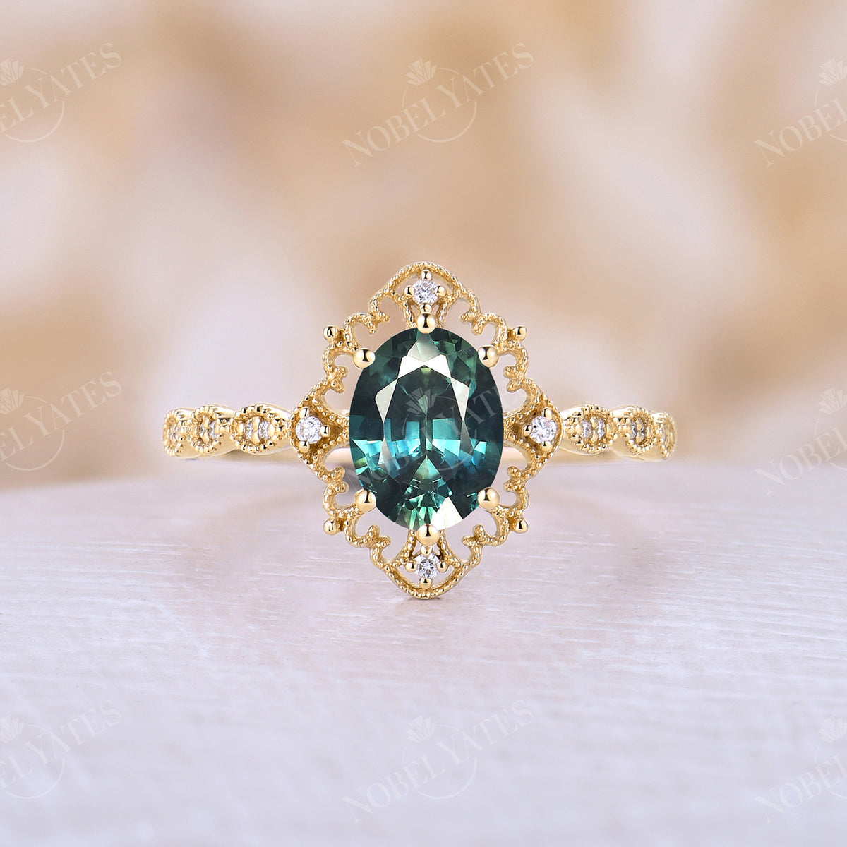 Milgrain Blue Green Sapphire Rose Gold Vintage Engagement Ring